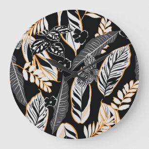 Tropical Night Foliage: Dark Vintage Pattern Large Clock