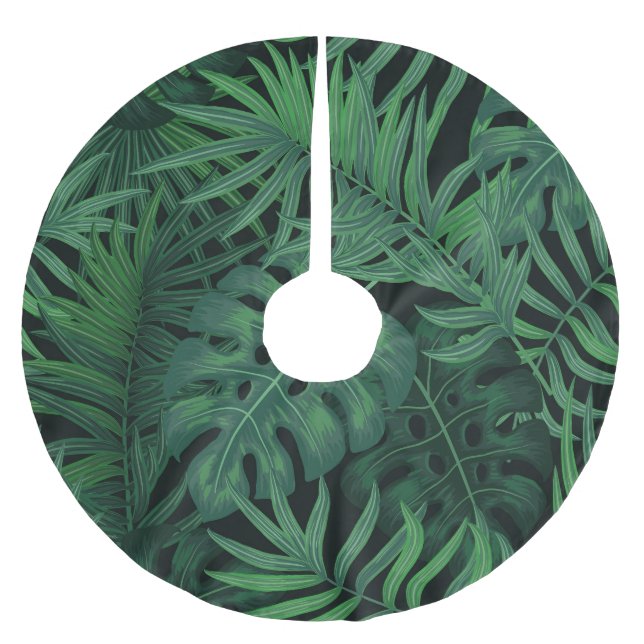 Tropical Night Green: Exotic Plant Pattern Brushed Polyester Tree Skirt (Front)