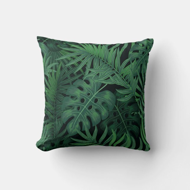 Tropical Night Green: Exotic Plant Pattern Cushion (Front)