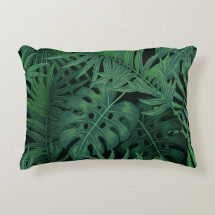 Tropical Night Green: Exotic Plant Pattern Decorative Cushion