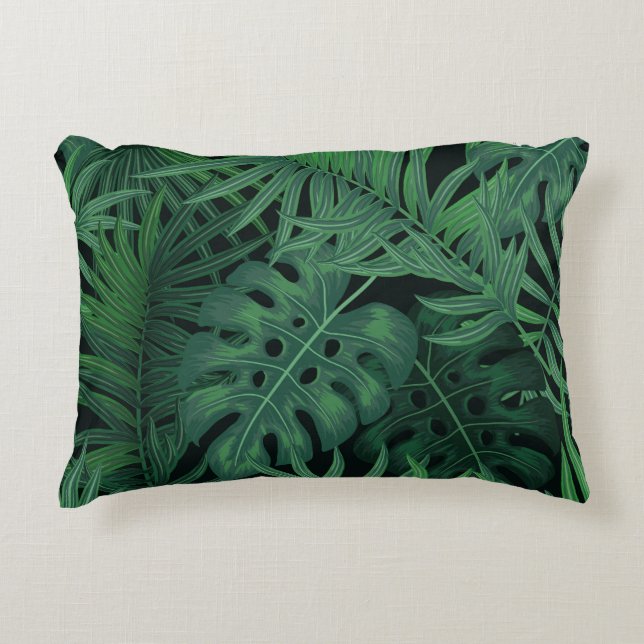 Tropical Night Green: Exotic Plant Pattern Decorative Cushion (Front)