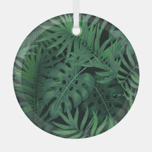 Tropical Night Green: Exotic Plant Pattern Glass Tree Decoration