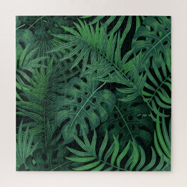 Tropical Night Green: Exotic Plant Pattern Jigsaw Puzzle (Vertical)