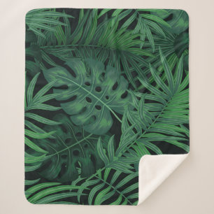 Tropical Night Green: Exotic Plant Pattern Sherpa Blanket