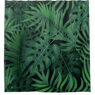 Tropical Night Green: Exotic Plant Pattern Shower Curtain