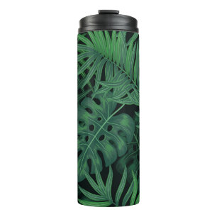 Tropical Night Green: Exotic Plant Pattern Thermal Tumbler