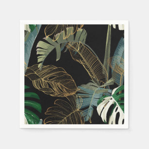 Tropical night vintage palm, banana, plant, golden napkin