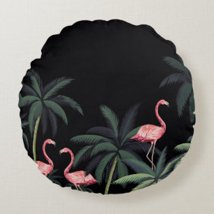 Tropical night vintage wild birds flamingo, palm t round cushion