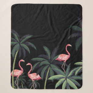 Tropical night vintage wild birds flamingo, palm t sherpa blanket