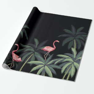Tropical night vintage wild birds flamingo, palm t wrapping paper