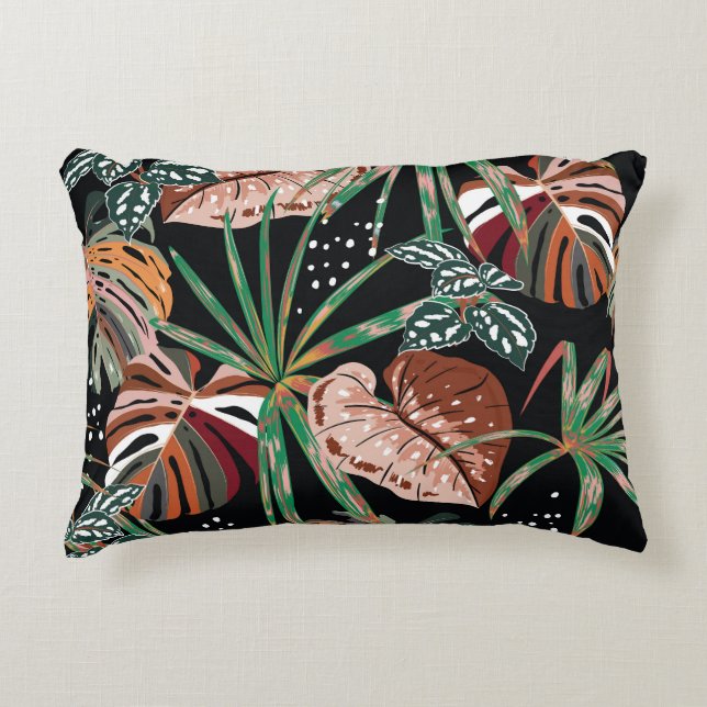 Tropical Noir: Dark Exotic Forest Pattern Decorative Cushion (Front)