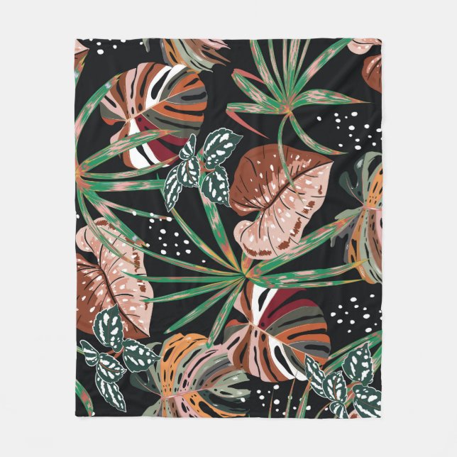 Tropical Noir: Dark Exotic Forest Pattern Fleece Blanket (Front)