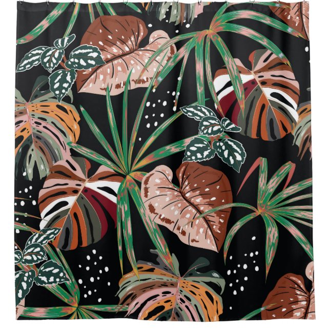 Tropical Noir: Dark Exotic Forest Pattern Shower Curtain (Front)
