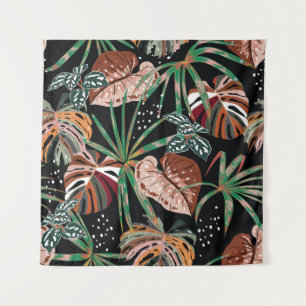 Tropical Noir: Dark Exotic Forest Pattern Tapestry