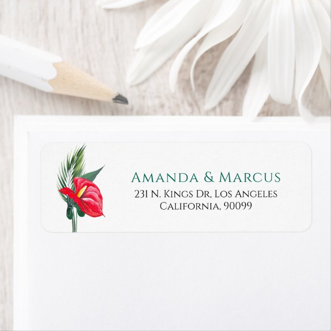 Tropical Oases Anthurium Flowers Wedding Return Address Label (Insitu)