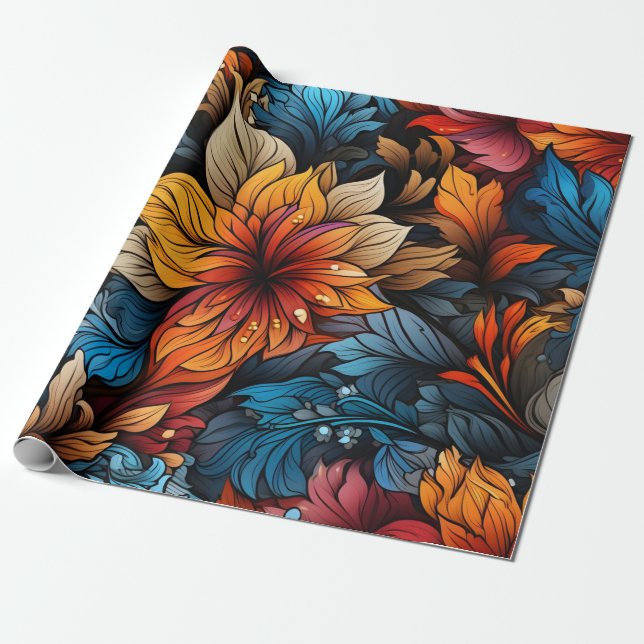 Tropical Oasis: Lush Leaves and Hibiscus Wrapping Paper (Unrolled)