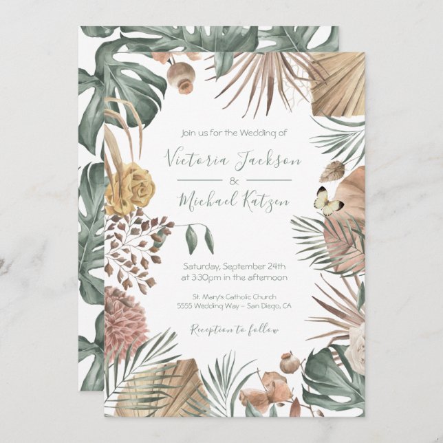 Tropical Oasis Modern Palm leaf Wedding Invitation (Front/Back)