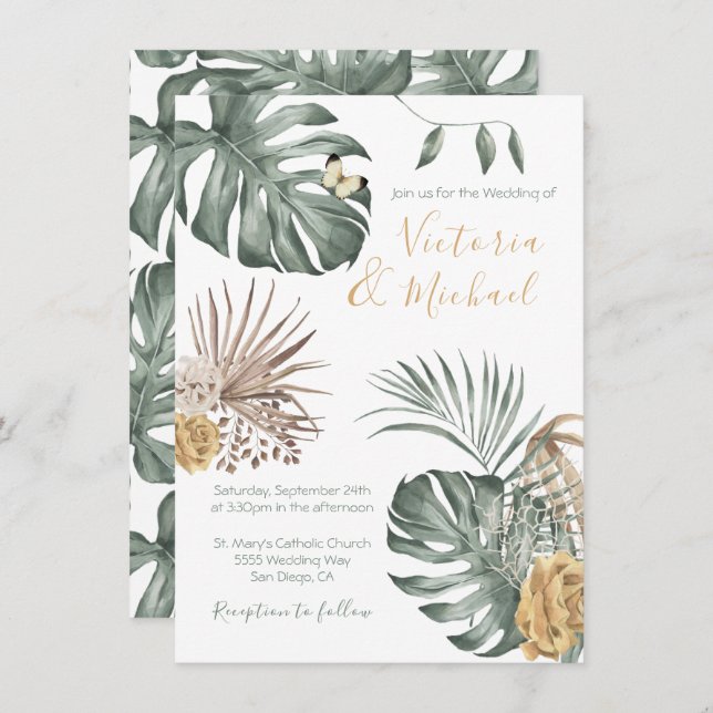 Tropical Oasis Modern Palm leaf Wedding Invitation (Front/Back)