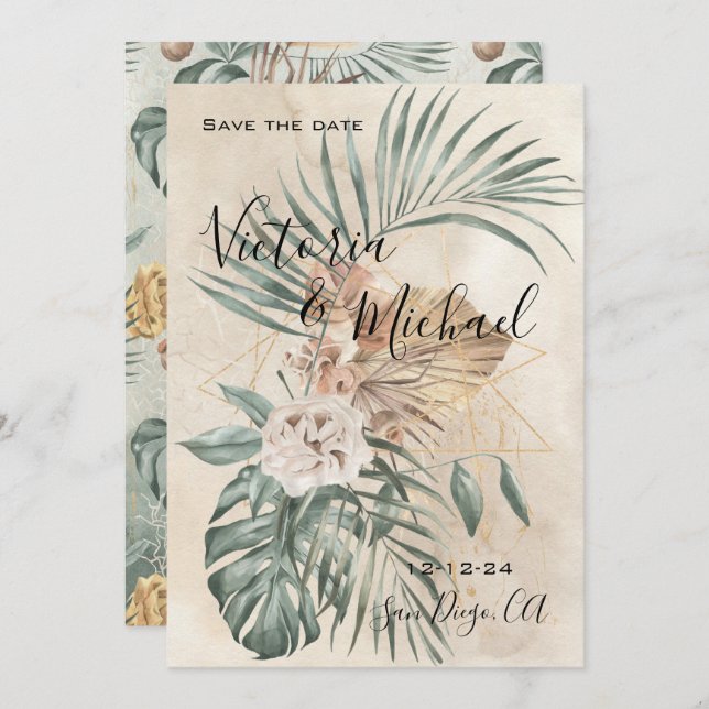 Tropical Oasis Modern Palm Save the Date Wedding Invitation (Front/Back)
