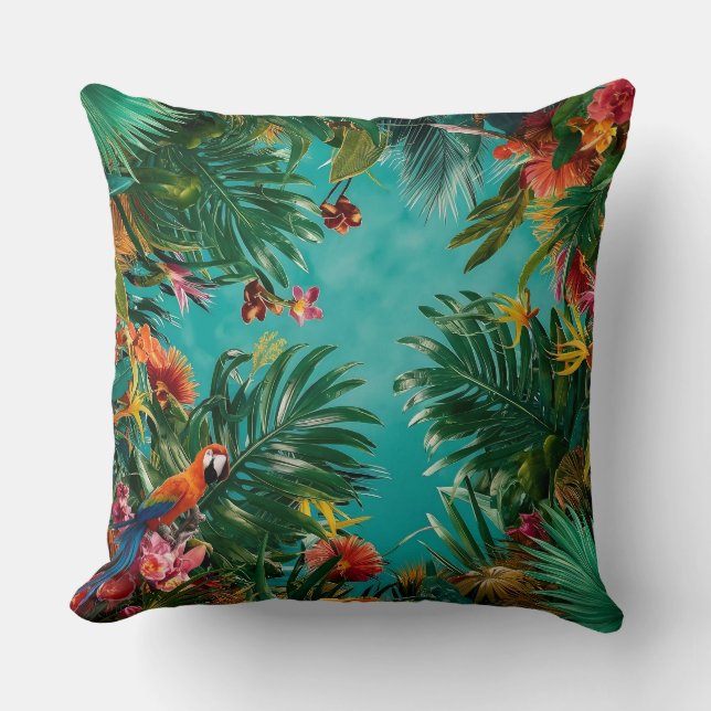 Tropical Oasis: Palm Leaves and Parrots Pillow  (Front)
