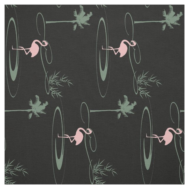 Tropical Oasis Palm Tree Flamingo Black Pattern Fabric (Swatch)