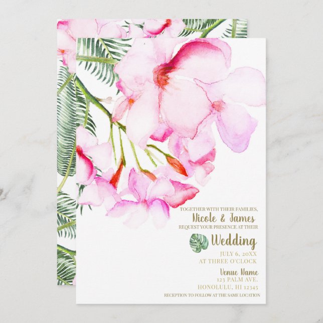 Tropical Oasis Pink Green Hawaiian Floral Wedding Invitation (Front/Back)