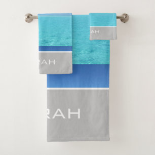 Tropical Ocean Beach Grey Monogram Bathroom Bath Towel Set