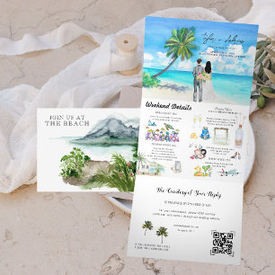 Tropical Ocean Beach Illustrated Wedding Tri-Fold Invitation