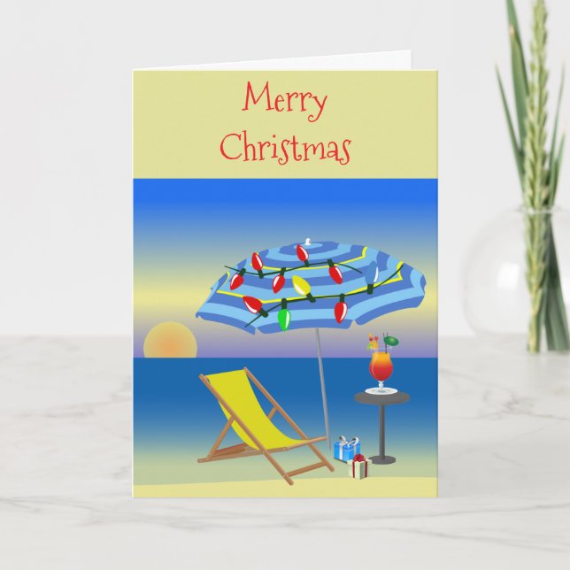 Tropical Ocean Beach Umbrella Fun Christmas Lights Holiday Card (Front)