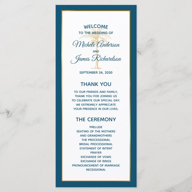 Tropical Ocean Blue Gold Palm Tree Beach Wedding Program (Front)