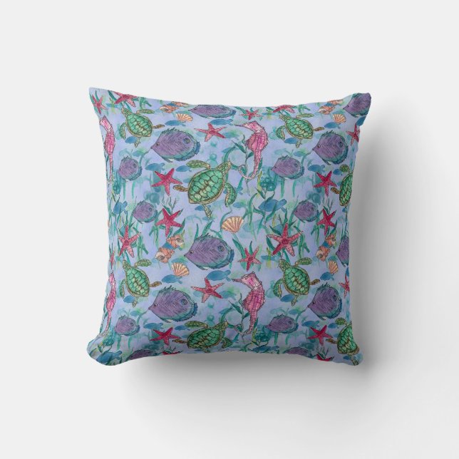 Tropical Ocean Fish Seahorse Sea Turtle Watercolor Cushion (Front)