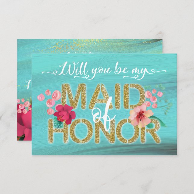 Tropical Ocean Gold Will you be my Maid of Honour Invitation (Front/Back)