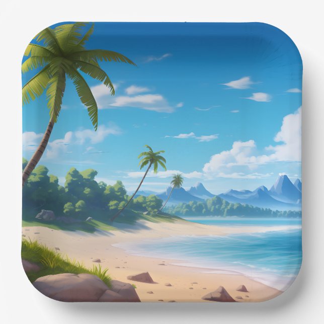 Tropical Ocean Island Sandy Beach Shore Paper Plate (Front)