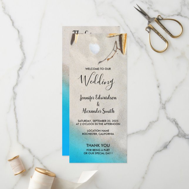 Tropical ocean sand beach starfish wedding program (Front/Back In Situ)