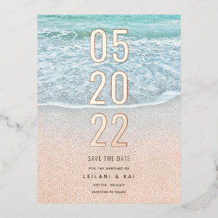 Tropical Ocean & Sandy Beach Save the Date Foil Invitation Postcard