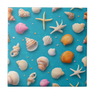 Tropical Ocean Shell Coral Golden Blue Pattern Ceramic Tile