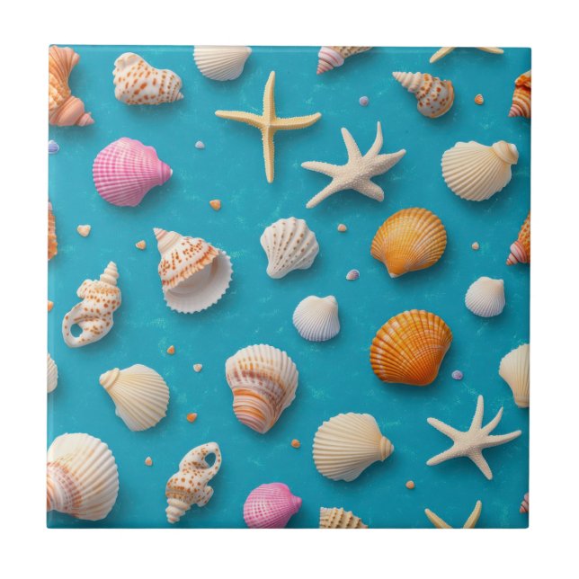Tropical Ocean Shell Coral Golden Blue Pattern Ceramic Tile (Front)