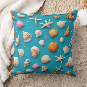 Tropical Ocean Shell Coral Golden Blue Pattern Cushion