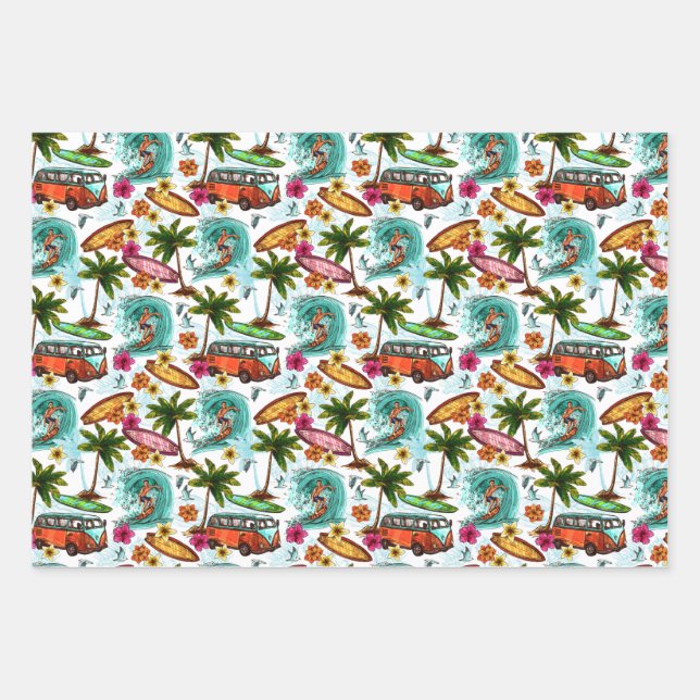 Tropical Ocean Summer Surfer Kombi Van Adventure Wrapping Paper Sheet (Front)