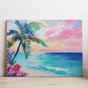 Tropical Ocean Sunset Art, Palm Tree Canvas Print