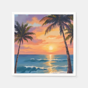 Tropical Ocean Sunset Palm Tree Watercolor Napkin