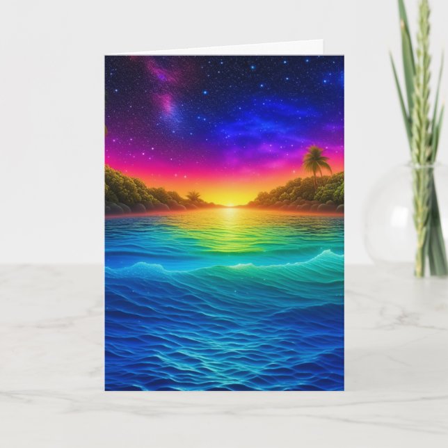 Tropical Ocean Sunset with Palm Trees Anniversary Card (Front)
