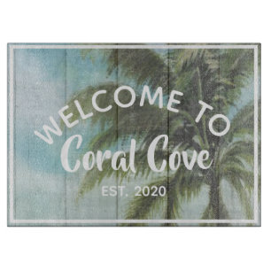 Tropical Ocean View Palm Tree Beach House Name Cutting Board