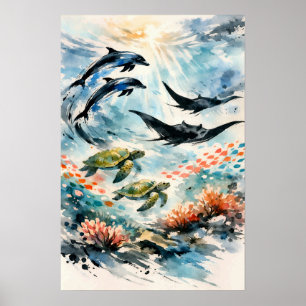 Tropical Ocean Wildlife Watercolor Art Poster