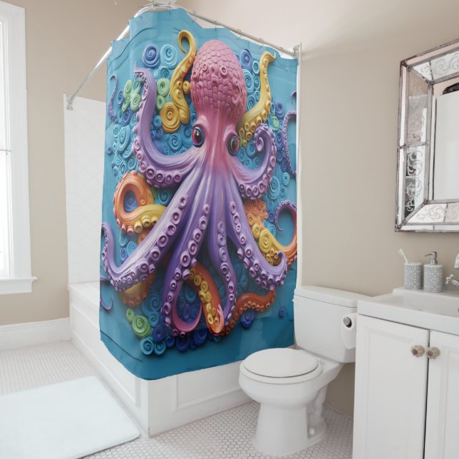 Tropical OCTOPUS Seaside Ocean Beach Shower Curtain (In Situ)