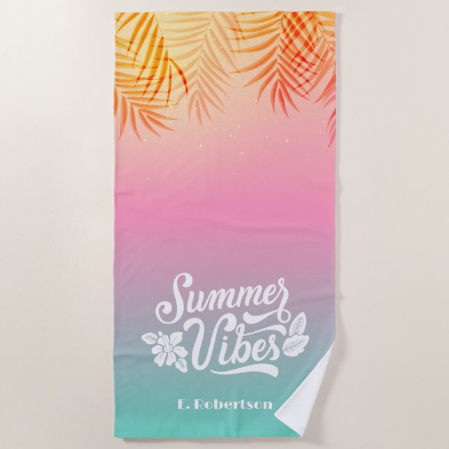 Tropical Ombre Summer Vibes Monogram Beach Towel (Front)