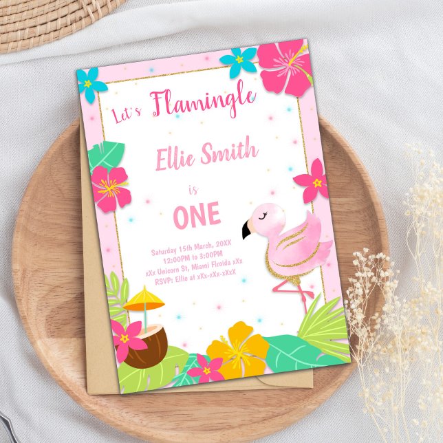 Tropical “One in a Melon” Party Card for Girls (Pink 1st Birthday Flamingo Invitations)