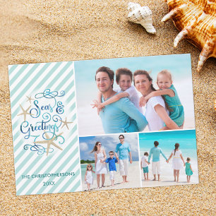 Tropical or Nautical SEAsons Greetings Stripe Holiday Card