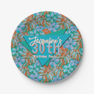 Tropical Orange and Blue Floral Birthday Paper Plate