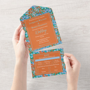 Tropical Orange and Blue Floral Wedding All In One Invitation